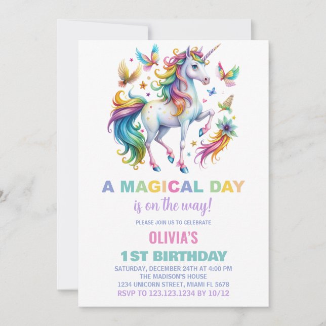 Rainbow Unicorn Invitations d'anniversaire (Devant)