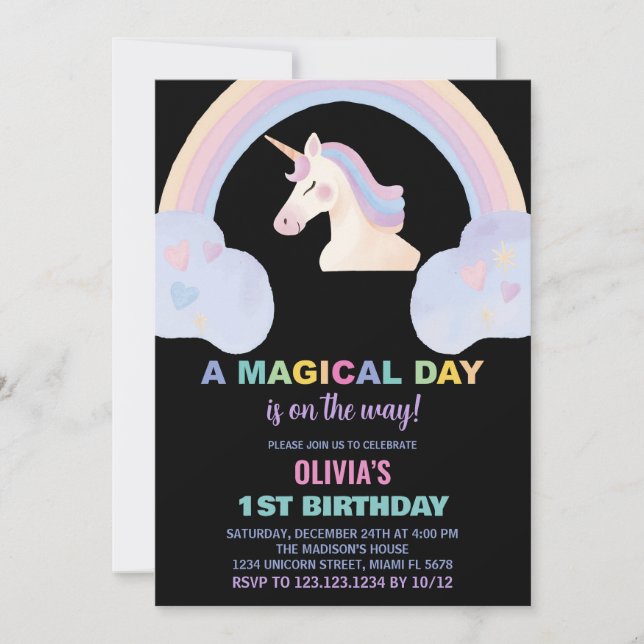 Rainbow Unicorn Invitations d'anniversaire (Devant)