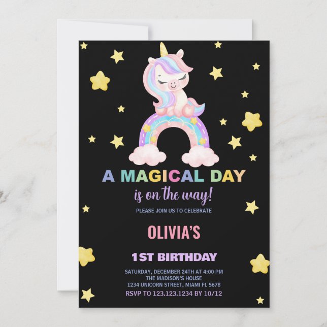 Rainbow Unicorn Invitations d'anniversaire (Devant)