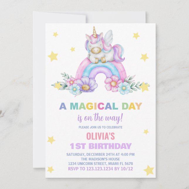 Rainbow Unicorn Invitations d'anniversaire (Devant)