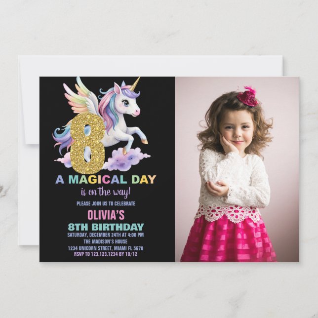 Rainbow Unicorn Invitations d'anniversaire avec ph (Devant)