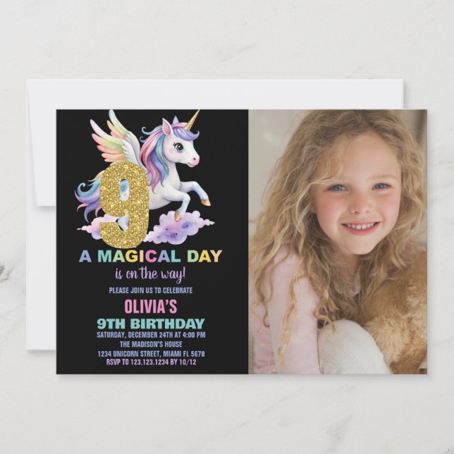 Rainbow Unicorn Invitations d'anniversaire avec ph (Devant)