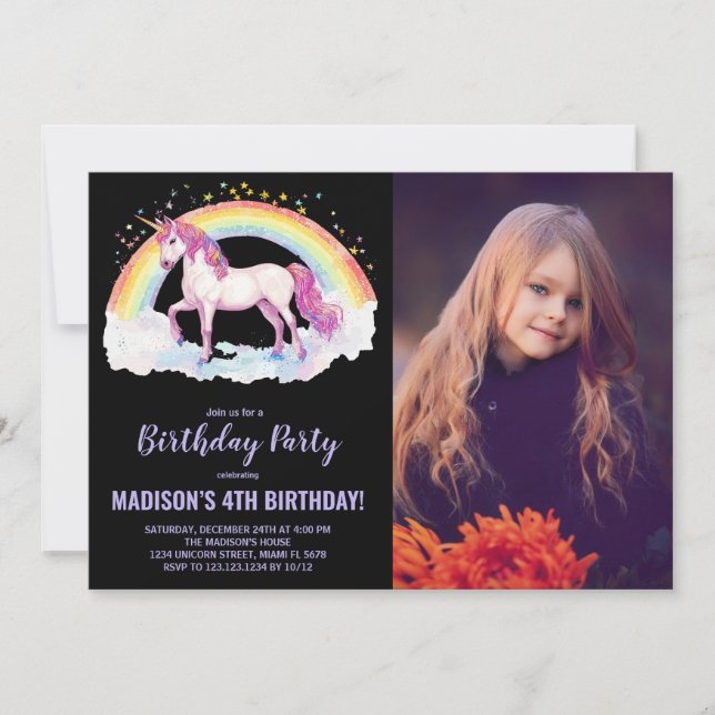 Rainbow Unicorn Invitations d'anniversaire avec ph (Devant)