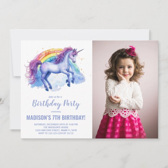 Rainbow Unicorn Invitations d'anniversaire avec ph (Devant)