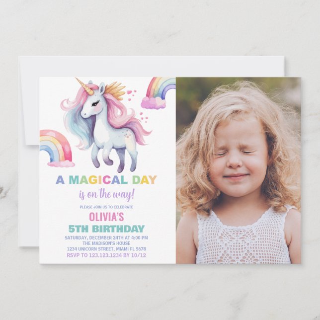 Rainbow Unicorn Invitations d'anniversaire avec ph (Devant)