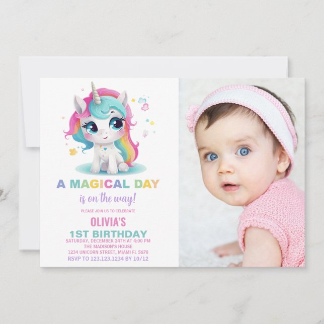Rainbow Unicorn Invitations d'anniversaire avec ph (Devant)