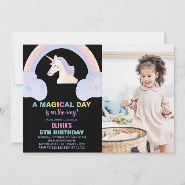 Rainbow Unicorn Invitations d'anniversaire avec ph (Devant)