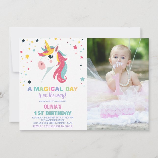 Rainbow Unicorn Invitations d'anniversaire avec ph (Devant)