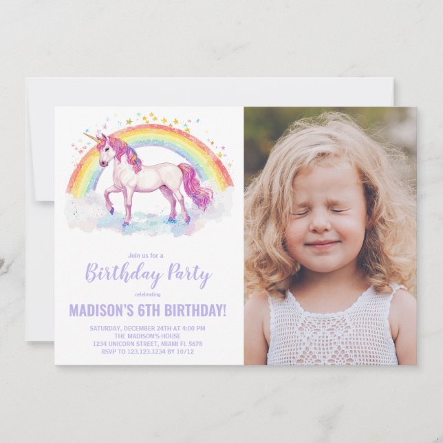 Rainbow Unicorn Invitations d'anniversaire avec ph (Devant)