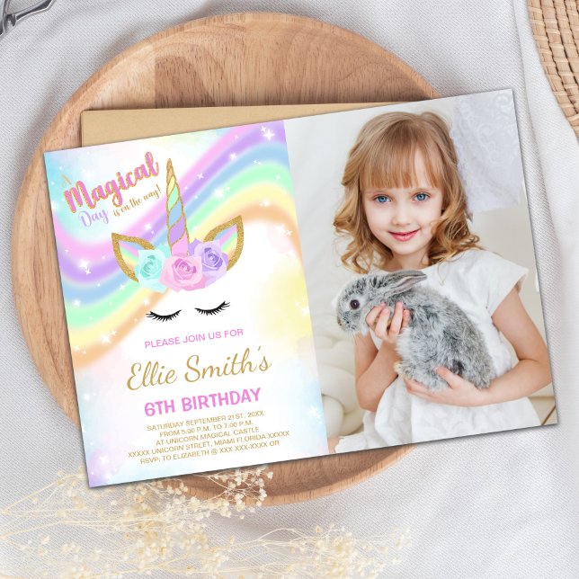 Rainbow Unicorn Invitations d'anniversaire avec ph (Rainbow Unicorn Birthday Invitations with photo)