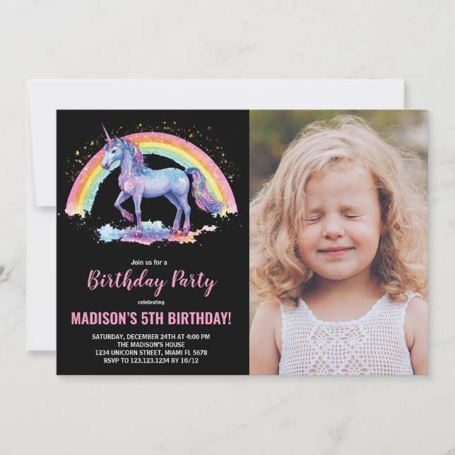 Rainbow Unicorn Invitations d'anniversaire avec ph (Devant)