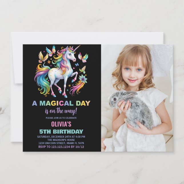 Rainbow Unicorn Invitations d'anniversaire avec ph (Devant)
