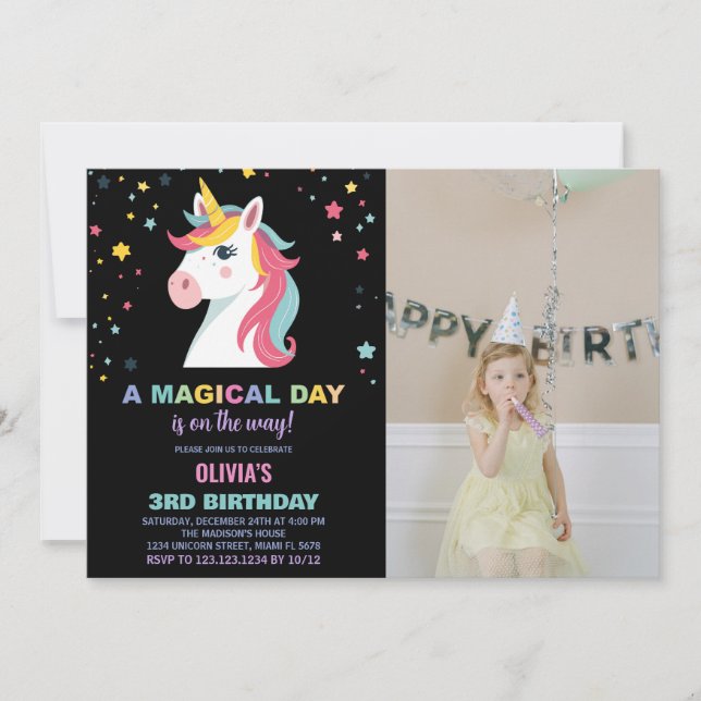 Rainbow Unicorn Invitations d'anniversaire avec ph (Devant)
