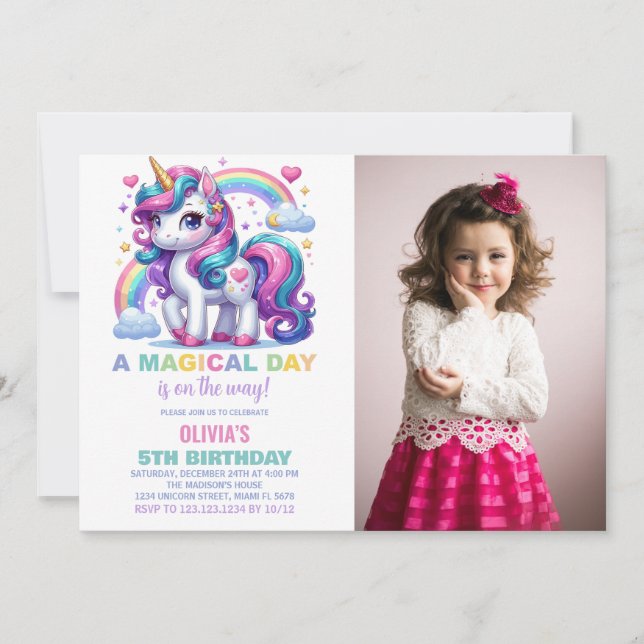 Rainbow Unicorn Invitations d'anniversaire avec ph (Devant)