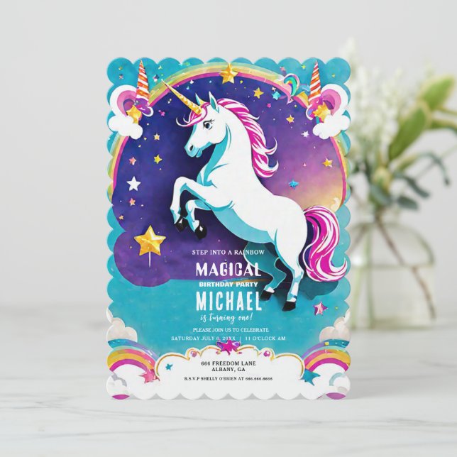 Rainbow Unicorn Invitations d'anniversaire - Magiq (Debout devant)
