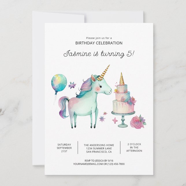 Rainbow Unicorn Invitations de fête d'anniversaire (Devant)