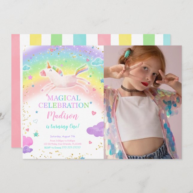 Rainbow Unicorn Photo Invitation (Devant / Derrière)