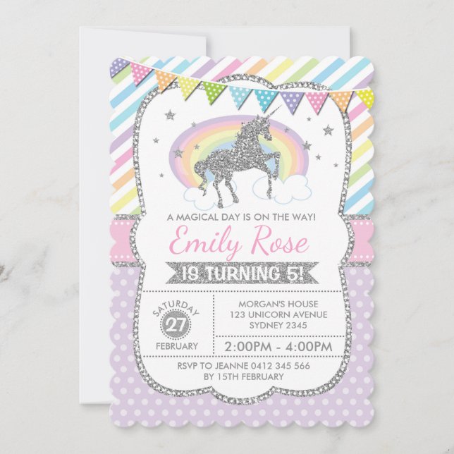 Rainbow Unicorn Silver rose Invitation de fête d'a (Devant)