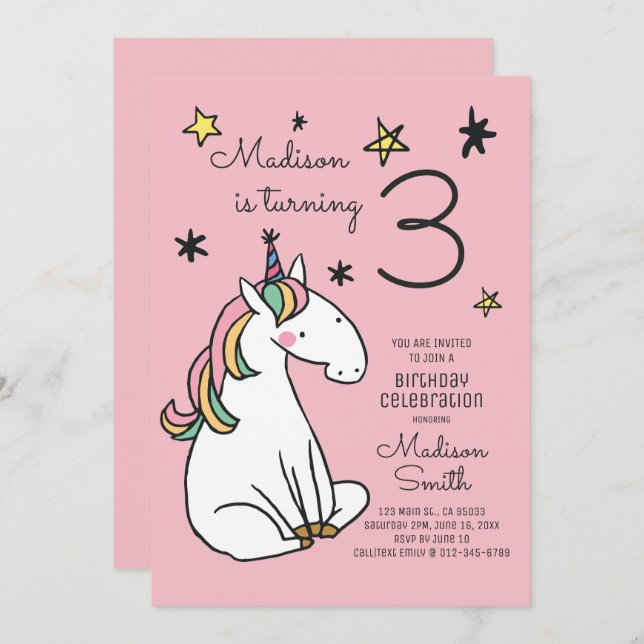 Rainbow Unicorn Stars Anniversaire Invitation (Devant / Derrière)