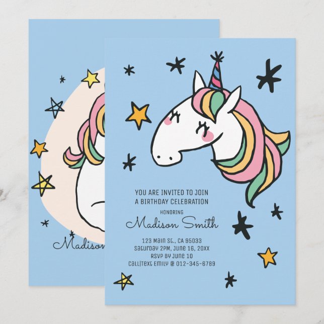 Rainbow Unicorn Stars Anniversaire Invitation (Devant / Derrière)