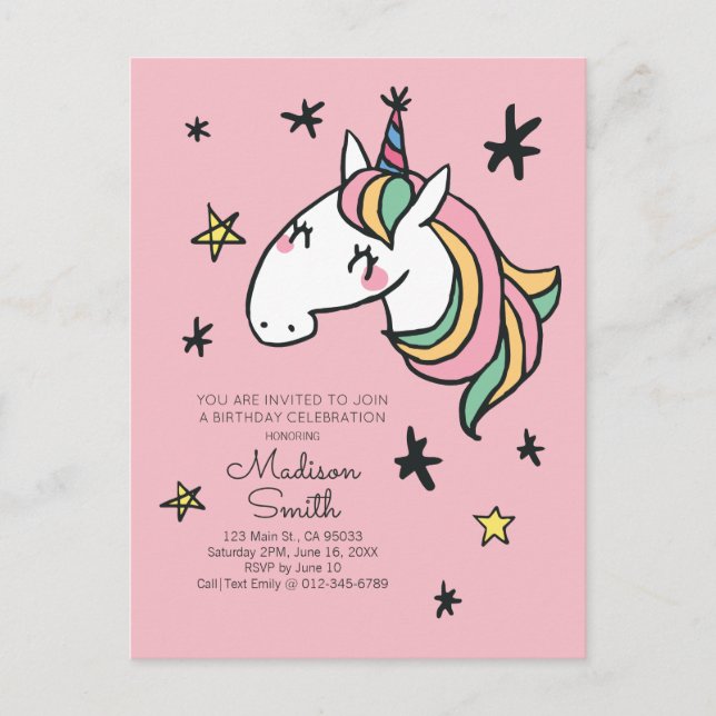 Rainbow Unicorn Stars Anniversaire Invitation (Devant)