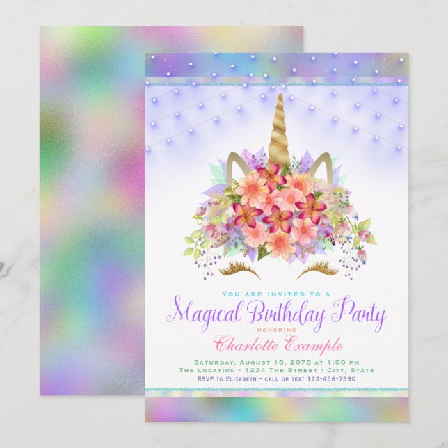 Rainbow Unicorn Visage Anniversaire Invitations (Devant / Derrière)