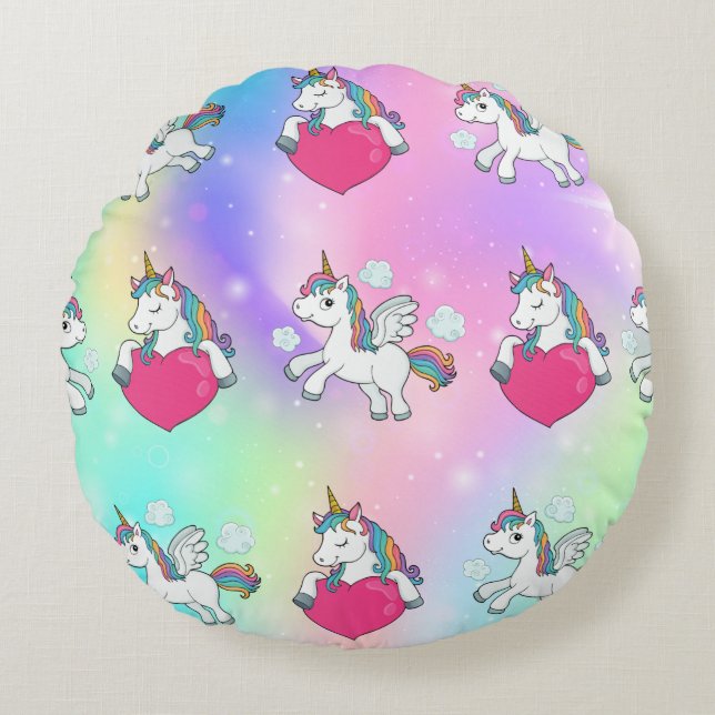 Rainbow Unicorns Hearts Print Round Coussin (Devant)