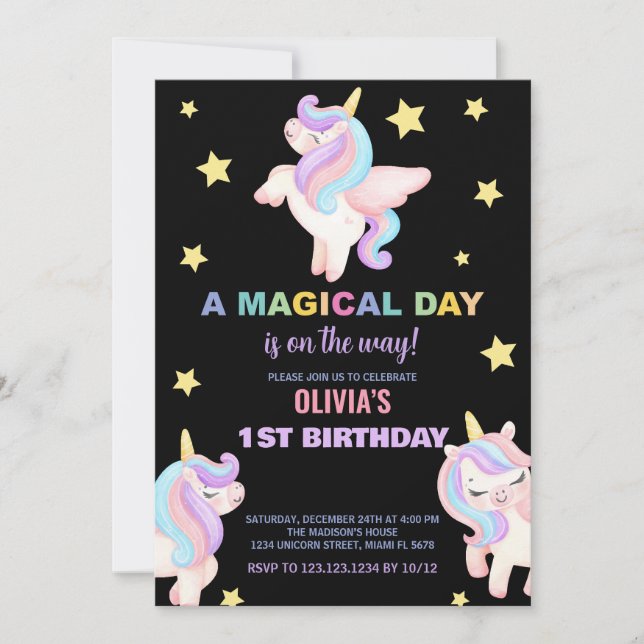 Rainbow Unicorns Invitations d'anniversaire (Devant)