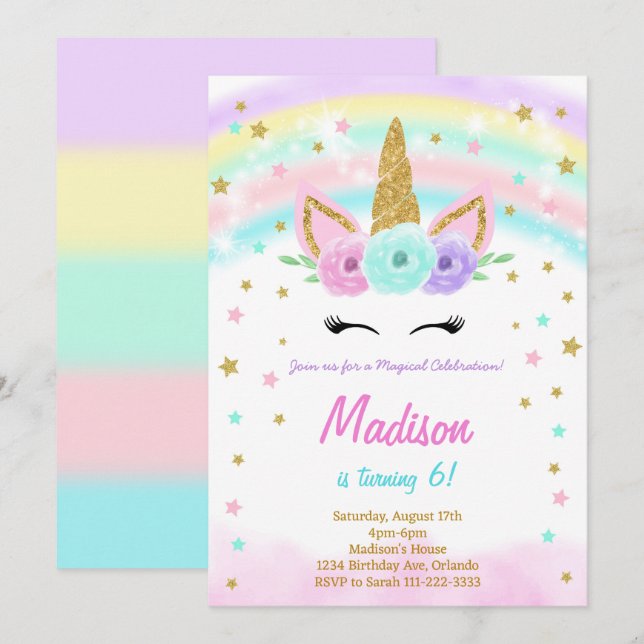 Rainbow Watercolor Unicorn Invitation d'anniversai (Devant / Derrière)