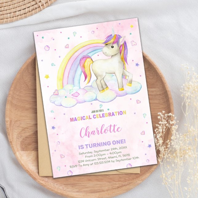 Rainbow Watercolor Unicorn Invitation d'anniversai (Rainbow Watercolor Unicorn Birthday Invitations)