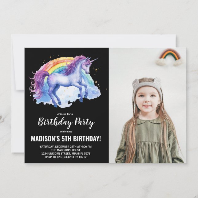 Rainbow White Unicorn Birthday Invitations photo (Devant)