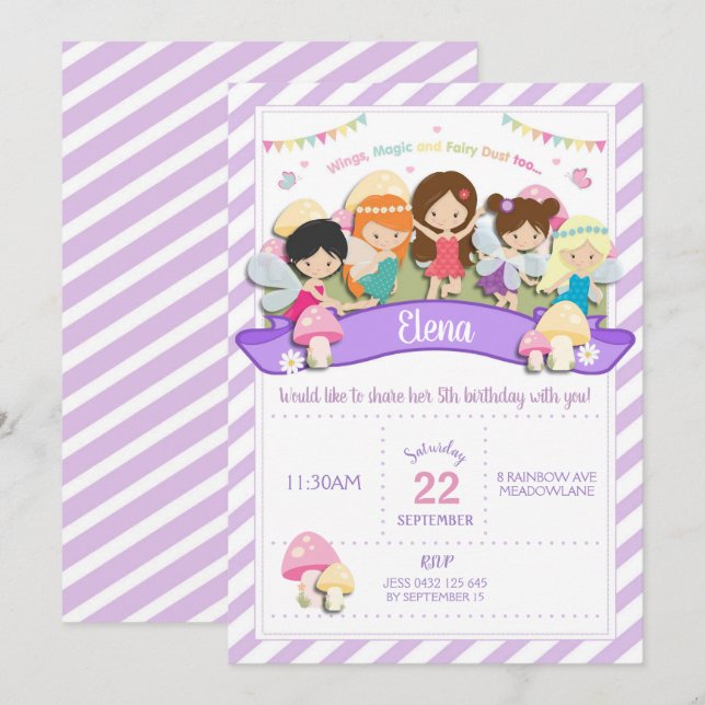 Rainbow Woodland Fairy Birthday Invitation Girl (Devant / Derrière)