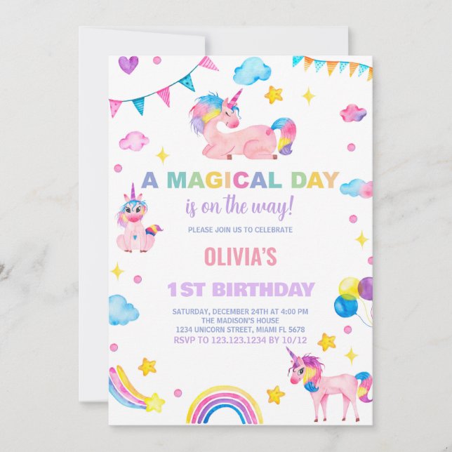 Rainbows drapeaux Unicorn Invitations d'anniversai (Devant)