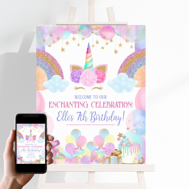 Rainbows et Unicorns Affiche de bienvenue de fête  (Rainbows and Unicorns Birthday Party Welcome Sign)