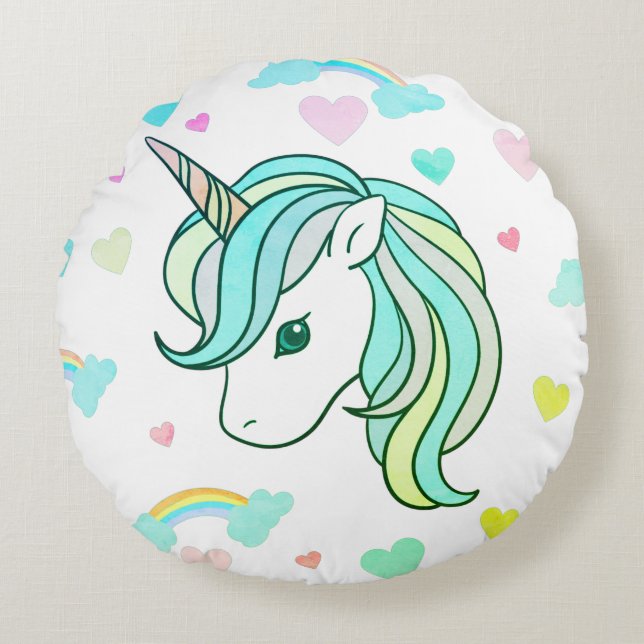 Rainbows & Green Unicorn Heart Print Round Coussin (Devant)