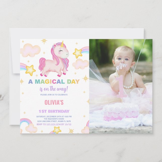Rainbows Unicorn Anniversaire Invitations avec pho (Devant)