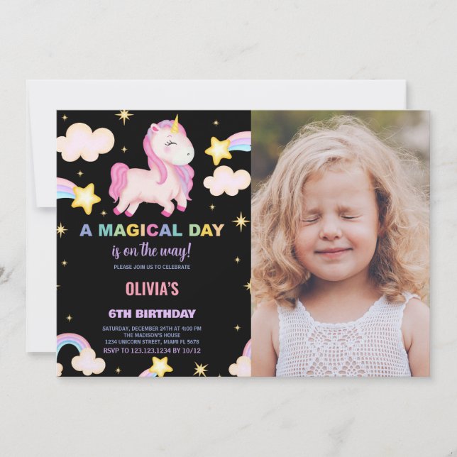 Rainbows Unicorn Anniversaire Invitations avec pho (Devant)