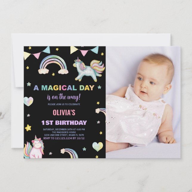 Rainbows Unicorn Anniversaire Invitations avec pho (Devant)
