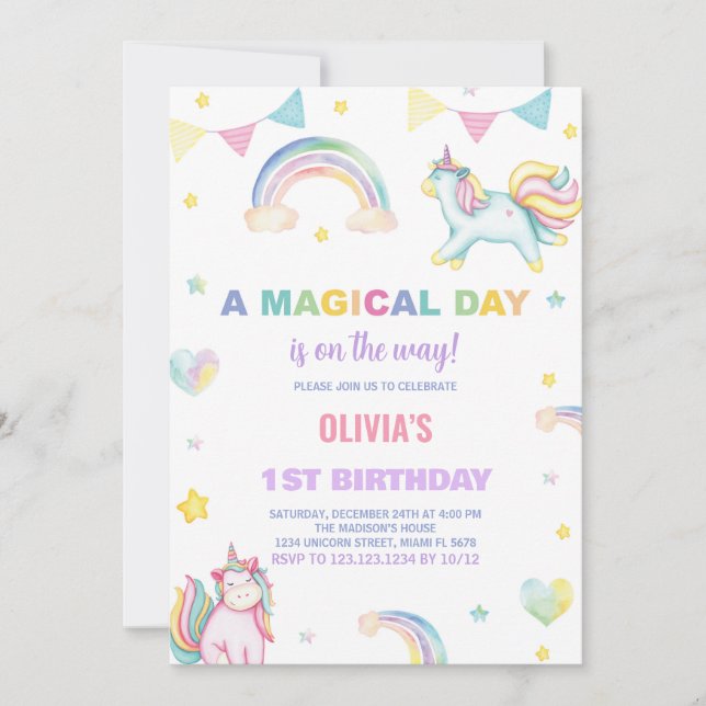 Rainbows Unicorn Invitations d'anniversaire (Devant)