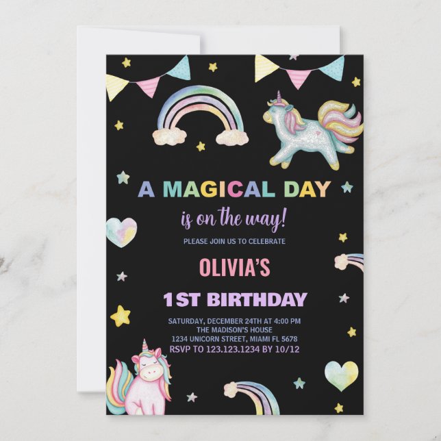 Rainbows Unicorn Invitations d'anniversaire (Devant)