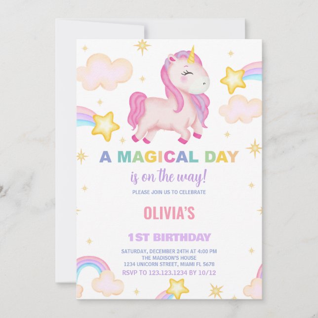 Rainbows Unicorn Invitations d'anniversaire (Devant)