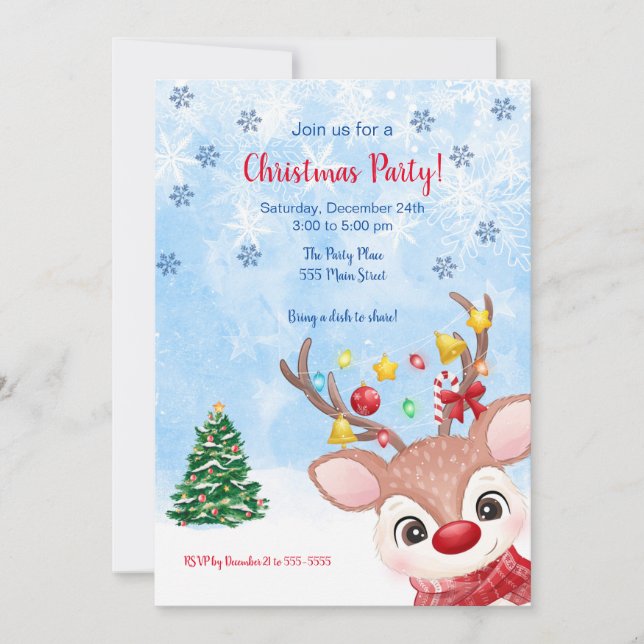 Raindeer watercolor invitation de fête de Noël (Devant)