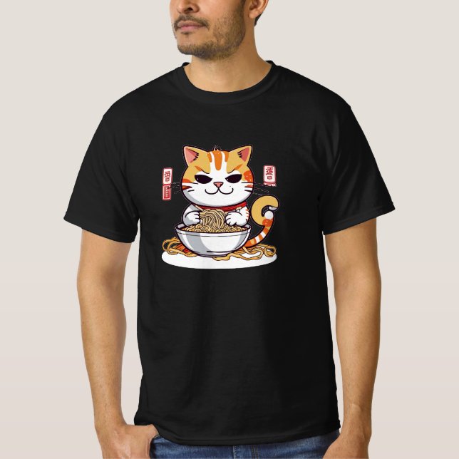 Ramen Chat Manger des nouilles Design T-shirt (Devant)