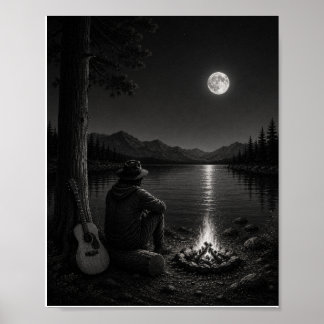 Randonneur au feu de camp sous la lune Poster Noir