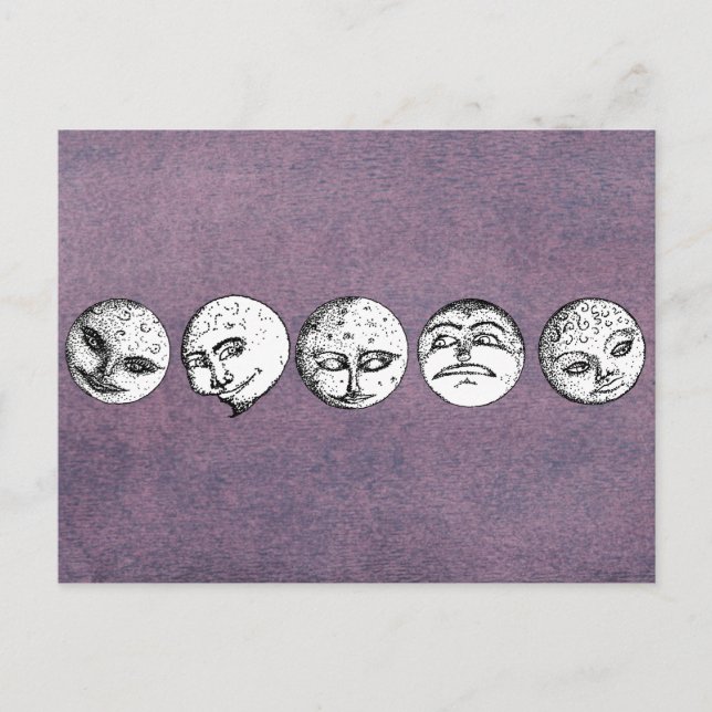 Rangée de visages lune sur carte postale violette (Devant)