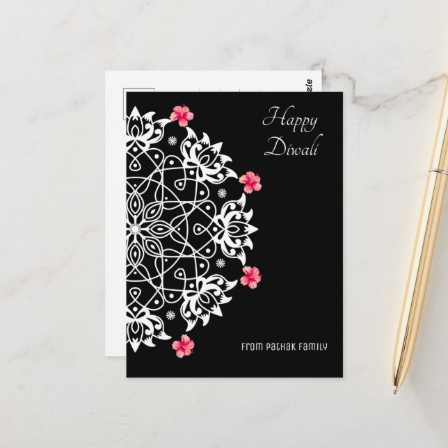 Rangoli blanc avec carte postale hibiscus (Devant/Arrière en situation)