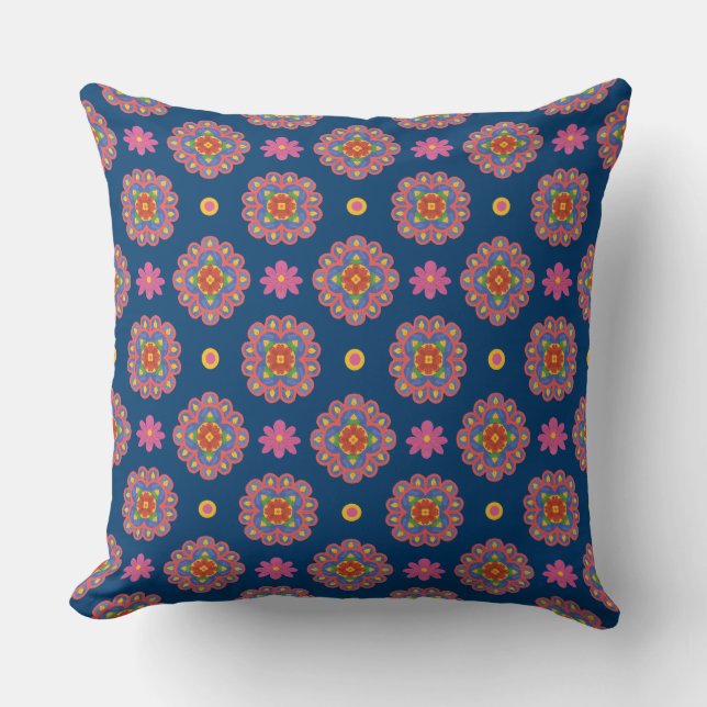 Rangoli, Fleurs et Pois sur Coussin bleu (Recto)