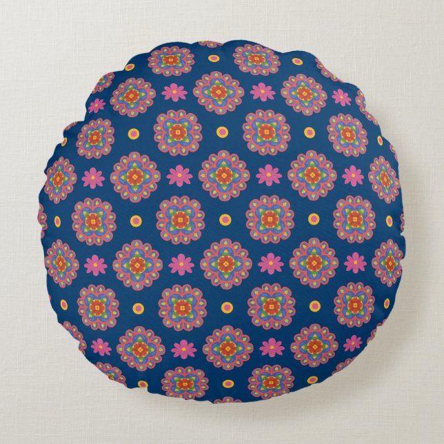 Rangoli, Fleurs, Pois, Coussin rond bleu (Devant)