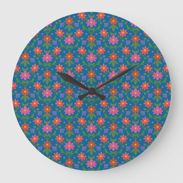 Rangoli Fleurs Polka Dot Bleu Arrondi Mur Horloge (Recto)