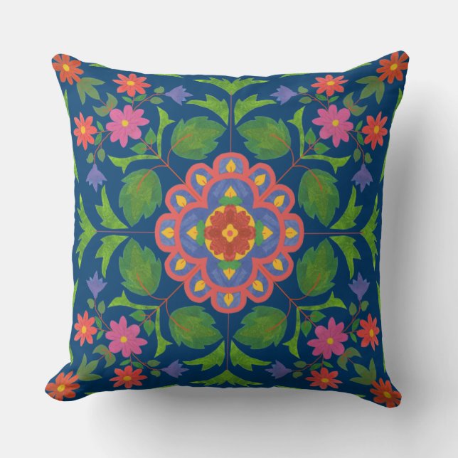 Rangoli floral Motif bleu profond Coussin ou couss (Recto)